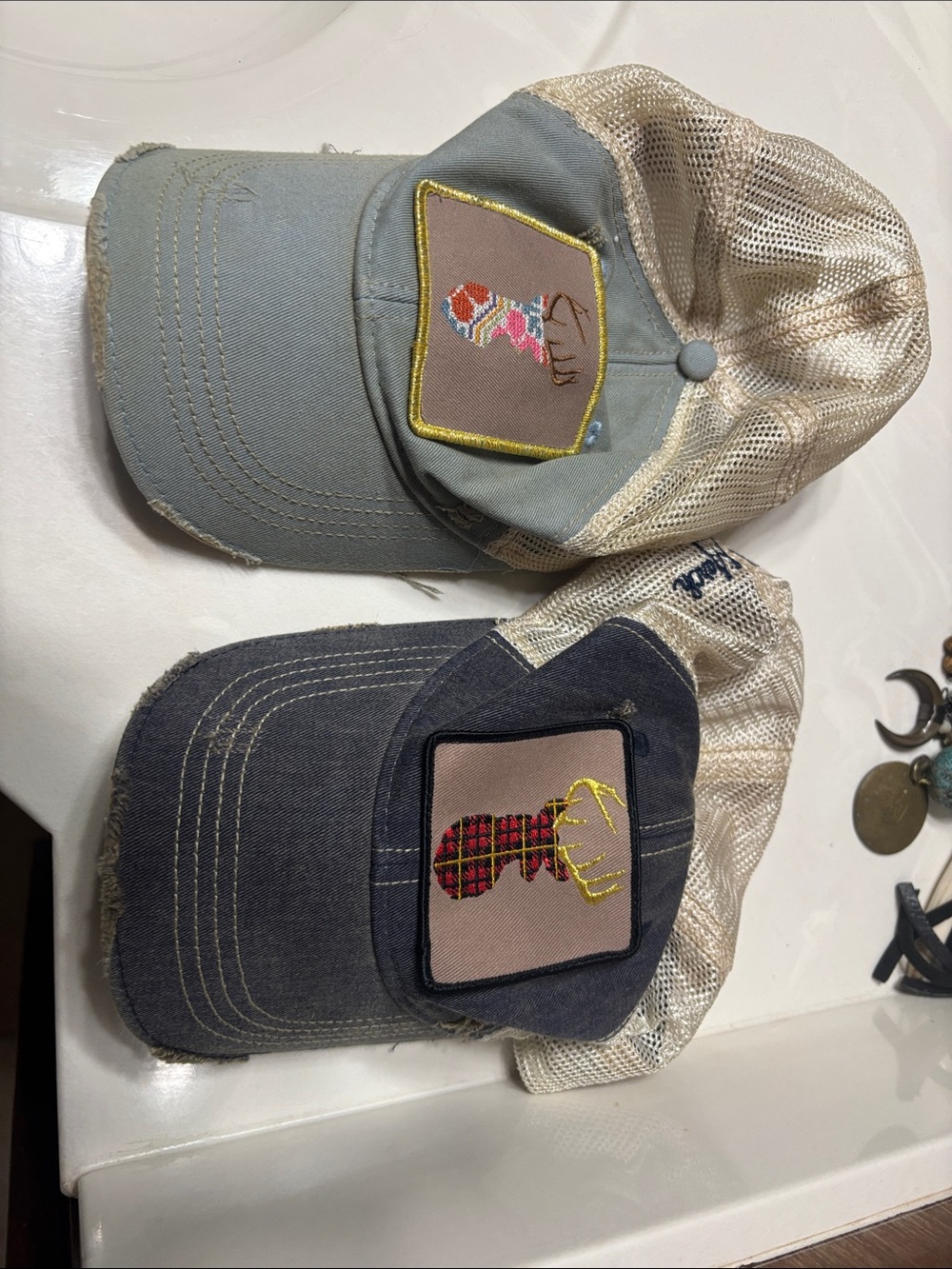 2 Judith March Beige Mesh Trucker Hat with Patch